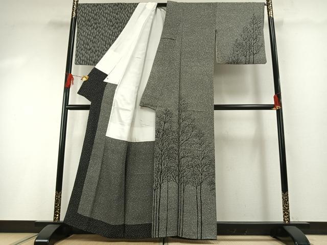 平和屋着物●小紋師 鷲津芳雄 訪問着 樹林文 黒地 正絹 逸品 AABH0691fy