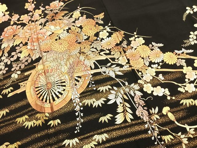 平和屋着物●金彩友禅 卓越技能者・名工・和田光正 黒留袖 片輪車花文 金銀彩 正絹 逸品 AABH0693fy