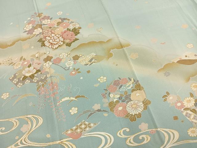 平和屋着物●訪問着 友禅 駒刺繍 草花文 暈し染め 金彩 正絹 逸品 AABH0773fy