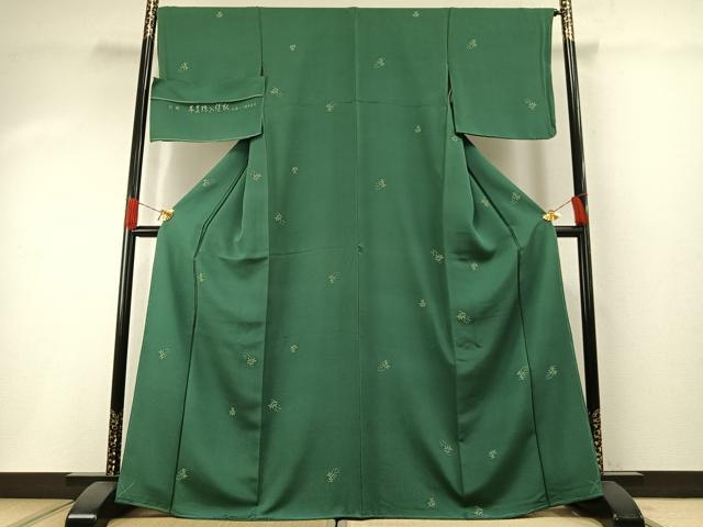 平和屋着物●上質な小紋 本真珠入縫取 南天文 緑青色 反端付き 正絹 逸品 未使用 AABH0780fy