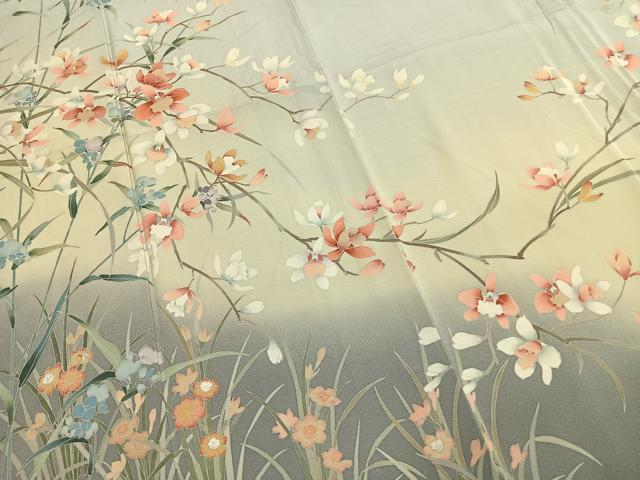 平和屋着物●十日町友禅作家 松雨 訪問着 枝花文 暈し染め 正絹 逸品 AABH0782fy