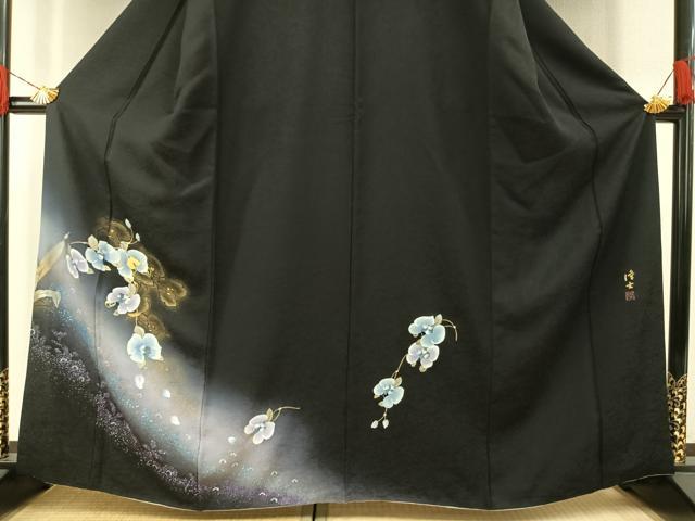 平和屋着物●螺鈿作家 藤本隆士 訪問着 草花文 暈し染め 黒地 金銀彩 正絹 逸品 AABH0785fy