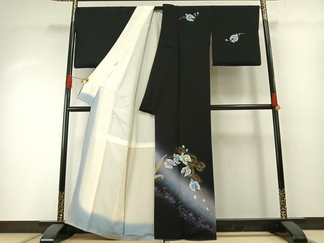 平和屋着物●螺鈿作家 藤本隆士 訪問着 草花文 暈し染め 黒地 金銀彩 正絹 逸品 AABH0785fy