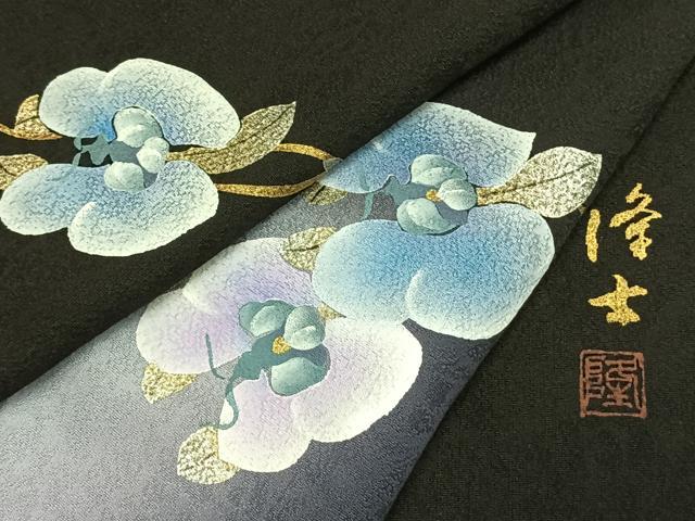 平和屋着物●螺鈿作家 藤本隆士 訪問着 草花文 暈し染め 黒地 金銀彩 正絹 逸品 AABH0785fy