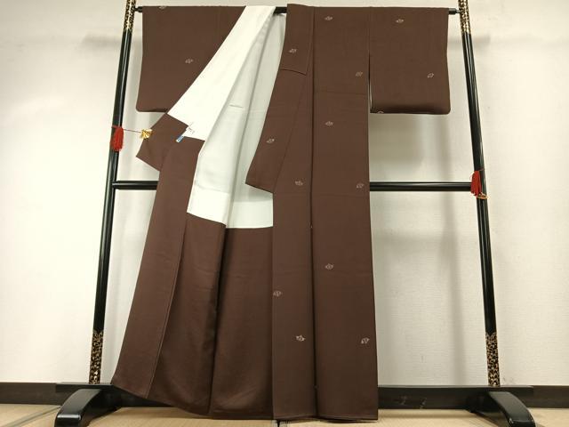 平和屋着物●国際的伝統工芸作家 十二代・藤林徳扇 苑寿 小紋 扇面文 黒茶色 金銀糸 正絹 逸品 AABH0789fy