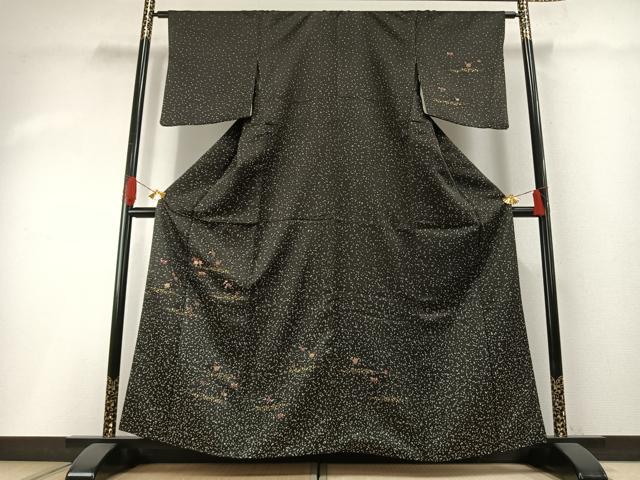 平和屋着物●訪問着 駒刺繍 草花文 黒地 金糸 金彩 越後屋 正絹 逸品 AABH0791fy