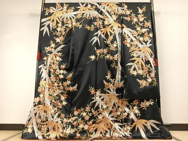 平和屋着物●十日町老舗ブランド 吉澤友禅 吾妻徳穂 振袖 駒刺繍 枝花文 黒地 仮絵羽 逸品 未使用 AABH0798fy