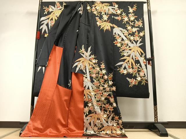 平和屋着物●十日町老舗ブランド 吉澤友禅 吾妻徳穂 振袖 駒刺繍 枝花文 黒地 仮絵羽 逸品 未使用 AABH0798fy