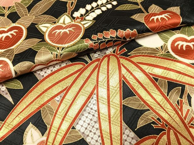平和屋着物●十日町老舗ブランド 吉澤友禅 吾妻徳穂 振袖 駒刺繍 枝花文 黒地 仮絵羽 逸品 未使用 AABH0798fy