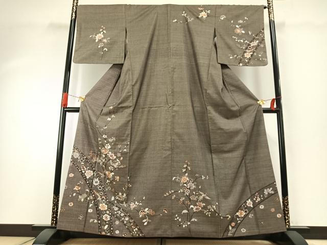 平和屋着物●本場大島紬 訪問着 総刺繍 カタス7マルキ 枝花文 正絹 逸品 AABH0800fy