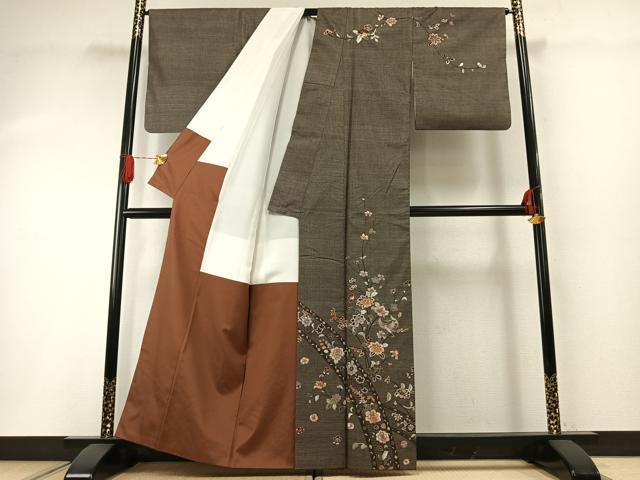 平和屋着物●本場大島紬 訪問着 総刺繍 カタス7マルキ 枝花文 正絹 逸品 AABH0800fy