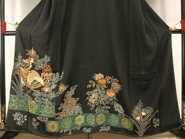 平和屋着物●創業460年・千總 黒留袖 駒刺繍 花鳥文 金糸 三越扱い 正絹 逸品 AABH0812fy