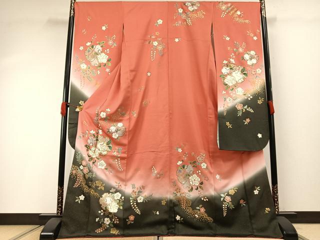 平和屋着物●豪華振袖　辻が花　雪輪文　暈し染め　金彩　銀通し地　ロング丈　正絹　逸品　AABH0817fy 平和屋着物○豪華振袖 辻が花 雪輪文 暈し染め 金彩 銀通し地