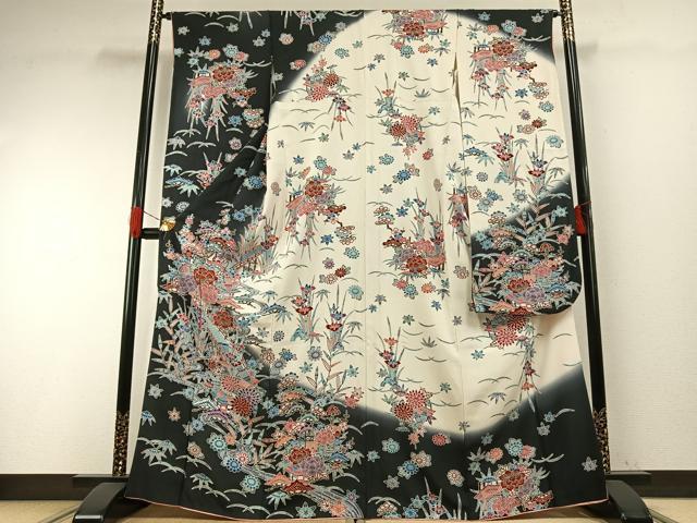 平和屋着物●豪華振袖 型染め 草花文 暈し染め 正絹 逸品 AABH0859fy
