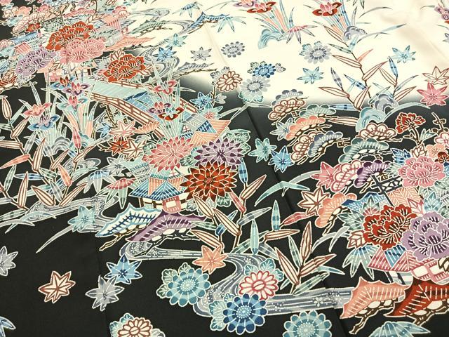 平和屋着物●豪華振袖 型染め 草花文 暈し染め 正絹 逸品 AABH0859fy