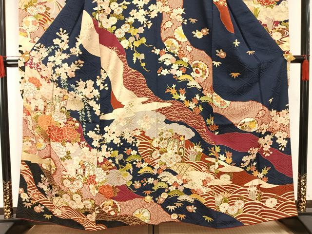 平和屋着物●豪華振袖 駒刺繍 御所車花文 金彩 京都きもの友禅扱い 正絹 逸品 AABH0867fy