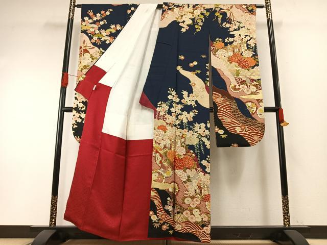 平和屋着物●豪華振袖 駒刺繍 御所車花文 金彩 京都きもの友禅扱い 正絹 逸品 AABH0867fy