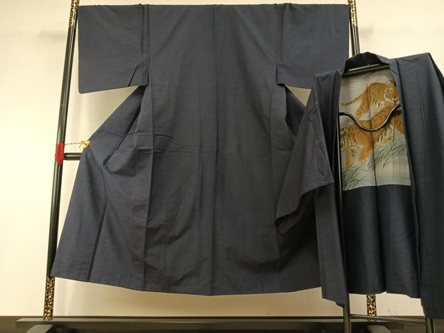 平和屋着物●男性 紬 アンサンブル 留紺色 正絹 逸品 AABH0880fy