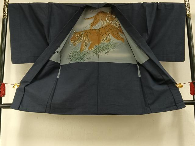 平和屋着物●男性 紬 アンサンブル 留紺色 正絹 逸品 AABH0880fy