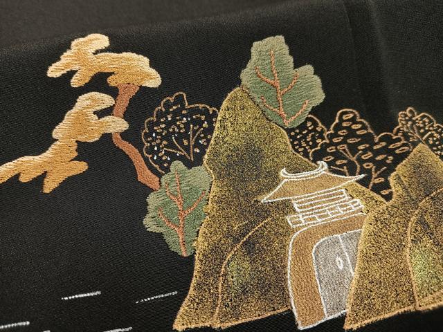 平和屋着物■豪華黒留袖 刺繍 風景文 金彩 正絹 逸品 AABH0949oa