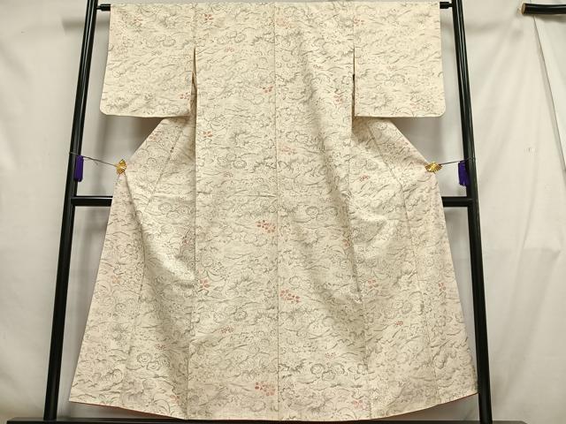 平和屋着物■上質な小紋 紬地 手描き 花松文 正絹 逸品 AABH1009oa
