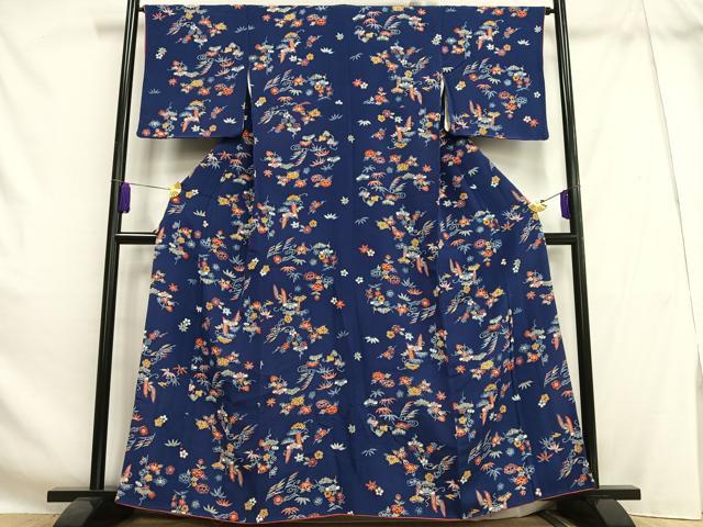 平和屋着物●上質な小紋　紬地　藍　型染め　亀甲風景舞蝶文　正絹　逸品　BAAW0901hj 平和屋着物□上質な小紋 型染め 藍 松竹梅流水花籬文 鬼