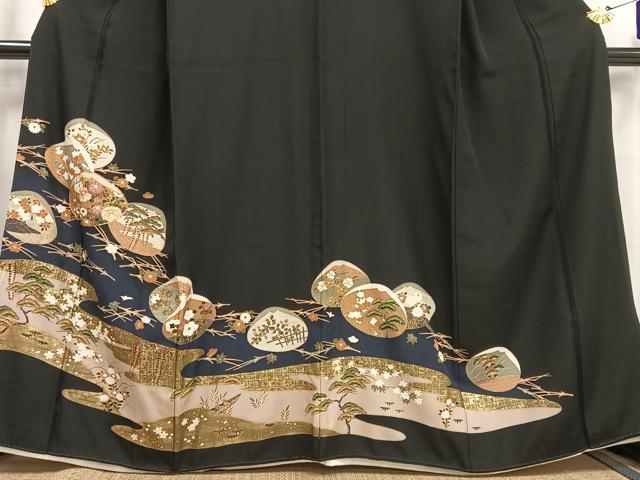 平和屋着物■豪華黒留袖 駒刺繍 貝絵合わせ松竹梅文 金彩 正絹 逸品 AABH1075oa