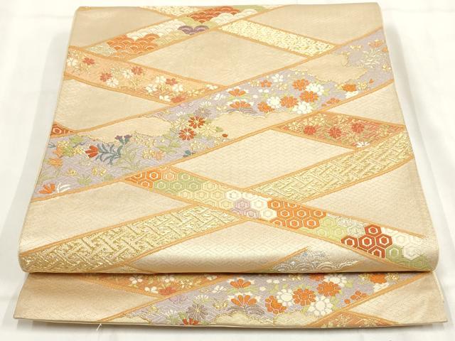 平和屋着物◎六通柄袋帯 斜め取り草花文 金銀糸 正絹 逸品 AABH1131wj