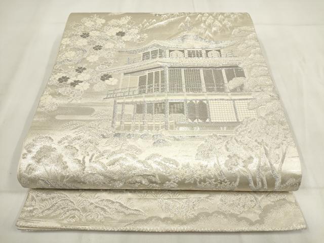 平和屋着物◎全通柄袋帯 飛鶴風景文 プラチナ箔 銀糸 正絹 逸品 AABH1140wj