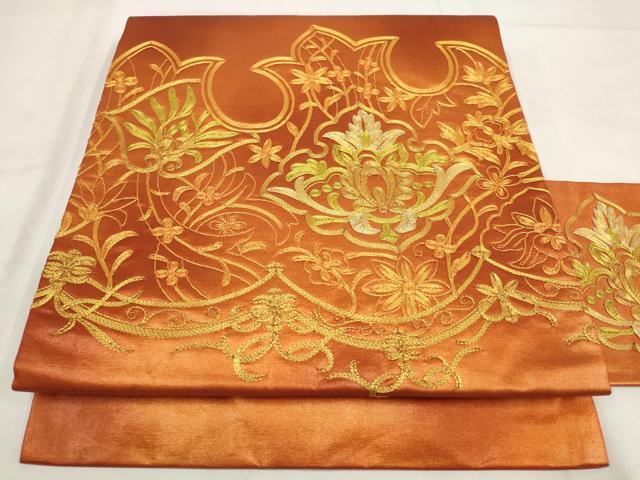 平和屋着物◎九寸名古屋帯 駒刺繍 吉祥花文 金銀糸 正絹 逸品 AABH1148wj