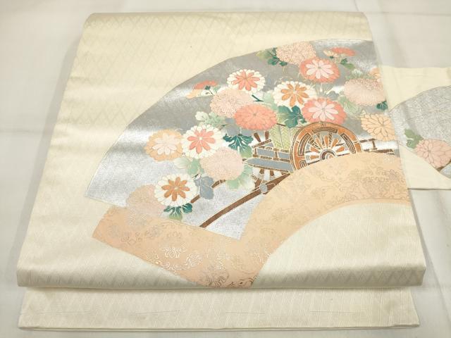 平和屋着物◎九寸名古屋帯 地紙花車文 銀彩 正絹 逸品 AABH1155wj
