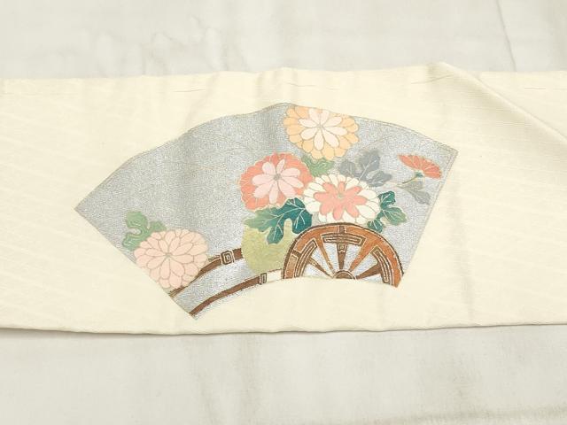 平和屋着物◎九寸名古屋帯 地紙花車文 銀彩 正絹 逸品 AABH1155wj