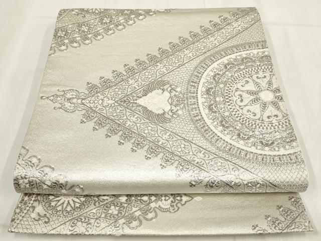 平和屋着物◎六通柄袋帯 吉祥花文 銀糸 正絹 逸品 AABH1187wj