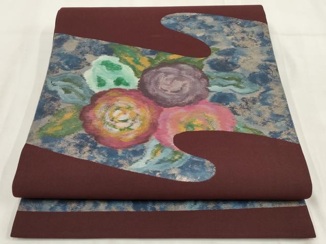 平和屋着物◎九寸開き名古屋帯 手描き 霞取り花文 金糸 正絹 逸品 AABH1196wj