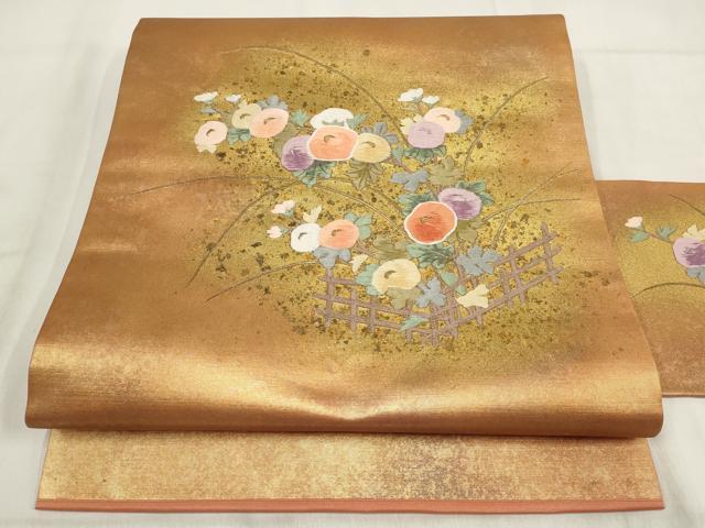 平和屋着物◎九寸名古屋帯 刺繍 牡丹文 金糸 正絹 逸品 AABH1215wj