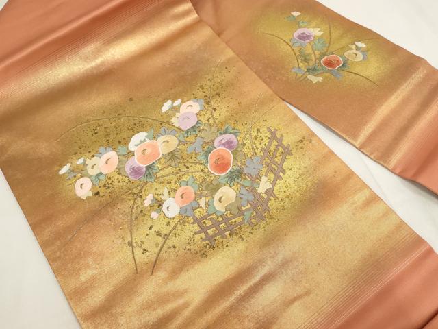 平和屋着物◎九寸名古屋帯 刺繍 牡丹文 金糸 正絹 逸品 AABH1215wj