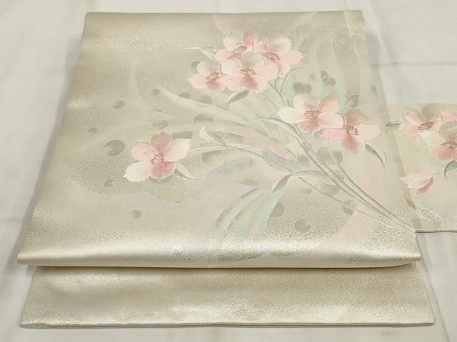 平和屋着物◎九寸名古屋帯 刺繍 草花文 金銀糸 正絹 逸品 AABH1223wj