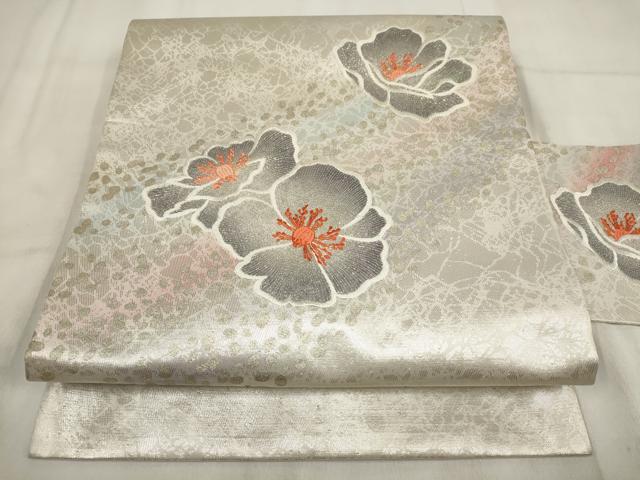 平和屋着物◎九寸名古屋帯 霞花文 金銀糸 正絹 逸品 AABH1231wj