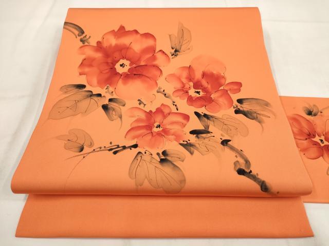 平和屋着物◎塩瀬 九寸名古屋帯 手描き 草花文 正絹 逸品 AABH1243wj