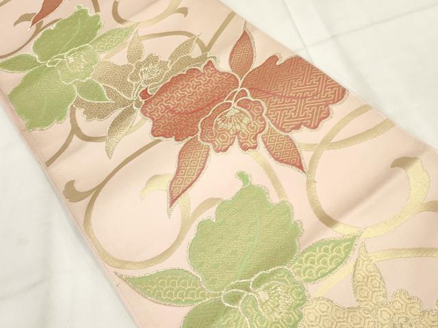 平和屋着物◎八寸名古屋帯 草花文 金糸 正絹 逸品 AABH1272wj