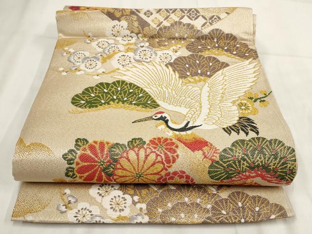 平和屋着物◎アンティーク 大正ロマン 丸帯 飛鶴花文 金糸 正絹 逸品 AABH1303wj