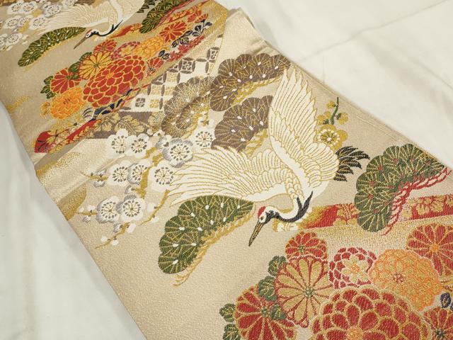 平和屋着物◎アンティーク 大正ロマン 丸帯 飛鶴花文 金糸 正絹 逸品 AABH1303wj