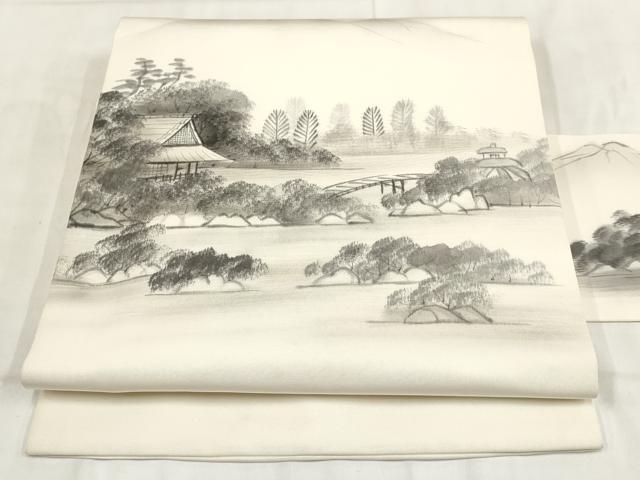 平和屋着物◎塩瀬 九寸名古屋帯 作家物 手描き 遠山風景文 正絹 逸品 AABH1371wj