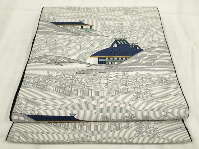 平和屋着物◎八寸名古屋帯 風景文 正絹 逸品 AABH1389wj