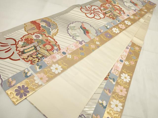 平和屋着物◎六通柄袋帯 雪輪飛鶴御所車文 金銀糸 正絹 逸品 AABH1396wj