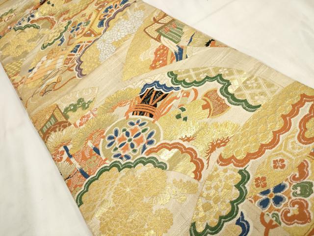 平和屋着物◎アンティーク 大正ロマン 丸帯 鼓 草花文 金銀糸 正絹 逸品 AABH1410wj
