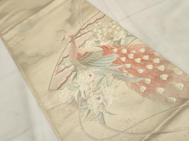 平和屋着物▼総刺繍 袋帯 地紙花文 孔雀 金銀糸 正絹 逸品 AABH1416wj