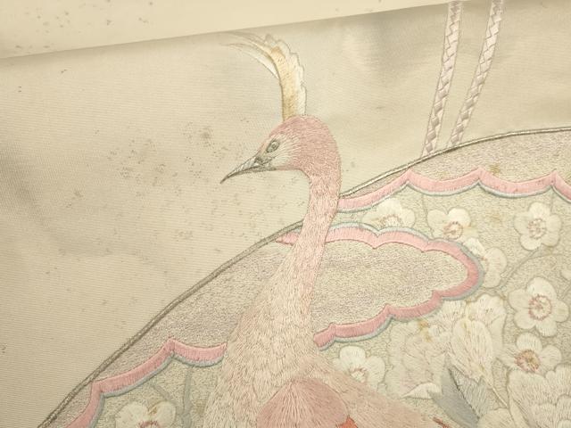 平和屋着物▼総刺繍 袋帯 地紙花文 孔雀 金銀糸 正絹 逸品 AABH1416wj