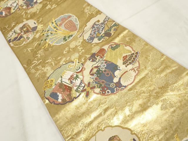 平和屋着物▼六通柄袋帯 唐織 雪輪花文 金糸 正絹 逸品 AABH1423wj