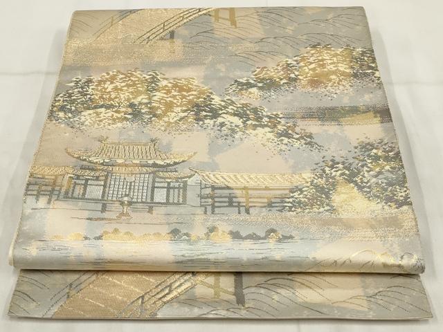 平和屋着物▼西陣 服部織物謹製 六通柄袋帯 こはく錦 風景文 金糸 正絹 逸品 AABH1490wj